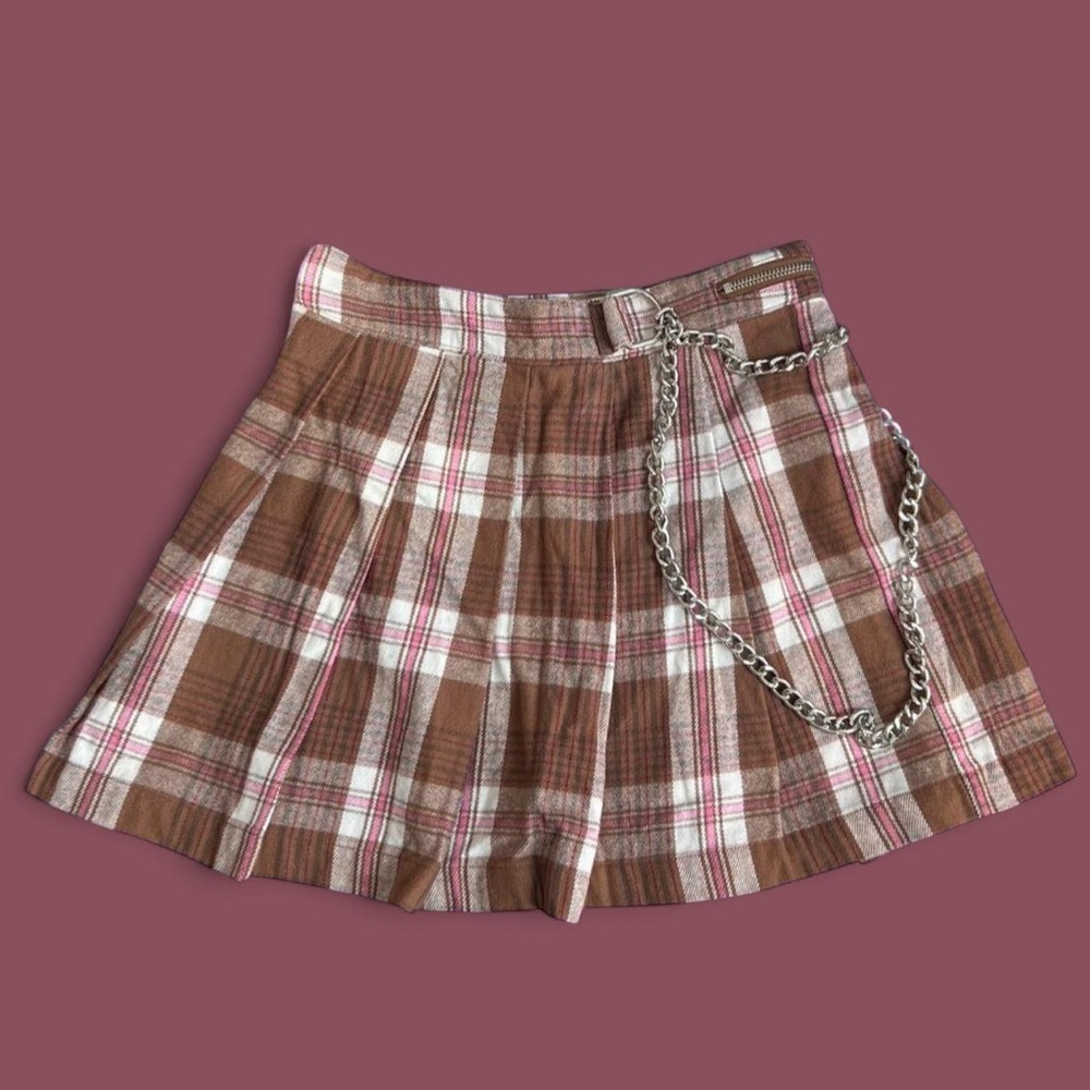 Forever 21 pink and Brown Plaid Mini Skirt with Chain